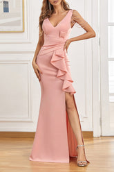 Dark Green V-Neck High Split Evening Gown Prom Dress